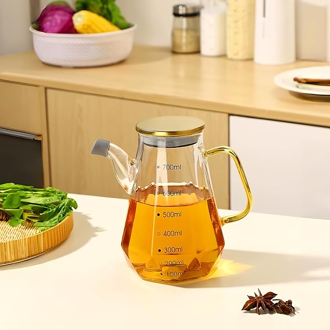 Cabilock 2pc Glass Oil Dispenser Pot with Measurements for Kitchen, 24oz Oil Bottles Cooking Dispenser with Drip Free Spout And Stable Bottom Fits in Home,kitchen,barbecue,party (700ml)