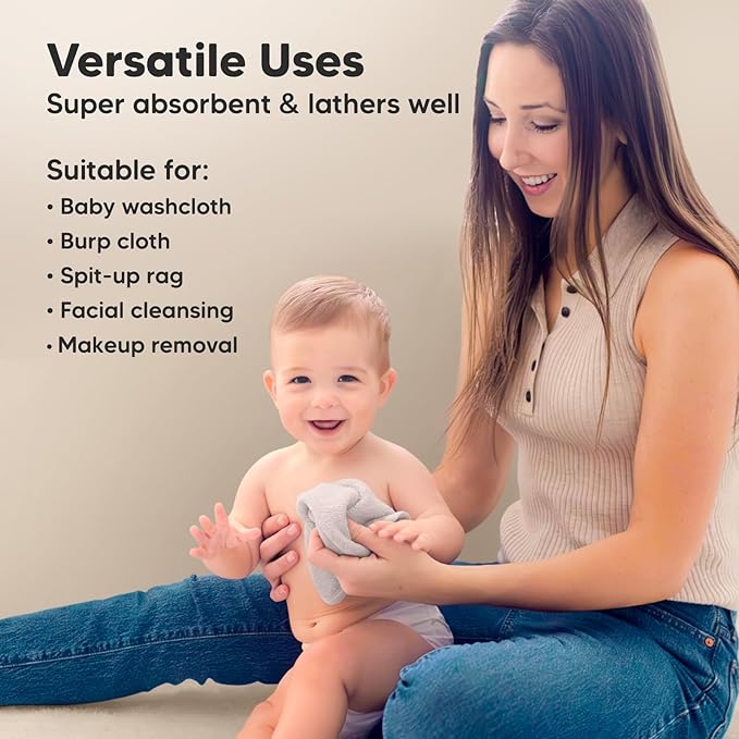 6-Pack Baby Washcloths – Soft Absorbent Viscose from Bamboo Washcloths for Face, Body, Baby Towels for Newborn, Kids, Toddlers, Infant, Gentle on Sensitive Skin, 10x10 Reusable Face Towels (Heather)