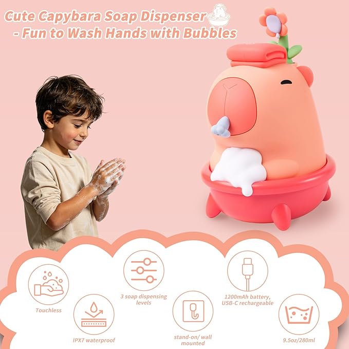 Pink Capybara Soap Dispenser - Kids Automatic Foam Hand Soap Dispenser Touchless,Wall Mount Waterproof USB Rechargeable, 9.5oz for Bathroom, Office, Hotel, Hospital, Preschool Children