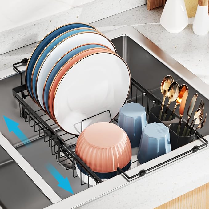 iSPECLE Expandable Dish Drying Rack for Kitchen Sink - Heavy Duty Adjustable Over The Sink Dish Drainer with Square Corners, Rust Resistant with Lock Knob, Fit for Modern Single & Double Sinks, Black