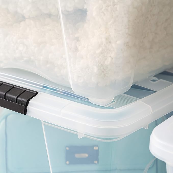 IRIS USA 54 Qt Stackable Plastic Storage Bins with Lids, 4 Pack - BPA-Free, Made in USA - See-Through Organizing Solution, Latches, Durable Nestable Containers, Secure Pull Handle - Clear