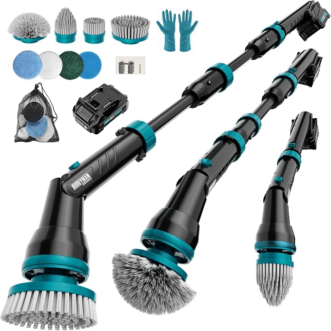 Alloyman 1200RPM Electric Spin Scrubber, 20V Replaceable Battery, Shower Cordless Cleaning Brush, Power Scrubber for Cleaning with 8 Brushes for Bathtub/Tub/Tile/Floor