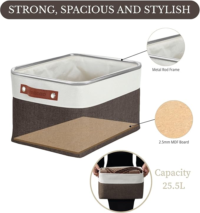 Storage Bins, Large Fabric Storage Baskets for Shelves, Brown & White, 3 Pack