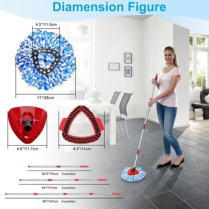 O-Cedar Spin Mop Head, Base, Handle Replacement for RinseClean 2 Tank System, 4 Microfiber Mop Refills,1 Scrub Brush,1 Base and 30-58in Handle Set Combo, Blue, for Wood, Tile, Laminate, Marble