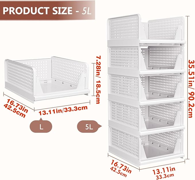 CTSNSLH 5 Pack Closet Organizers Storage Box, Closet Storage Stackable Storage Bins, Plastic Drawer Basket for Wardrobe Cupboard Kitchen Bathroom Office, White
