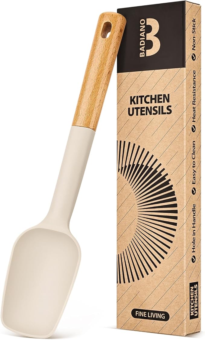 Silicone Spoon Spatula, Great For Scraping Bowls And Scooping Batter, Sturdy Bpa-Free Matte Silicone, Wooden Handle Rubber Spatula For Nonstick Cookwares (KHAKI)