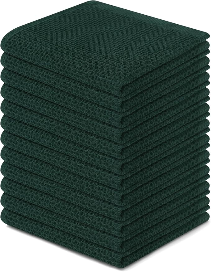 Homaxy 100% Cotton Waffle Weave Kitchen Dish Cloths, Ultra Soft Absorbent Quick Drying Dish Towels, 12 x 12 Inches, 12-Pack, Blackish Green