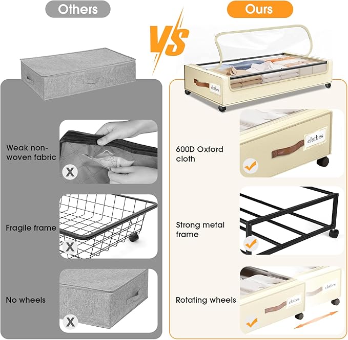 SpaceHacks 3 Pack Under Bed Storage - Large Capacity, Rolling Drawers for Clothes & Blankets (Beige)