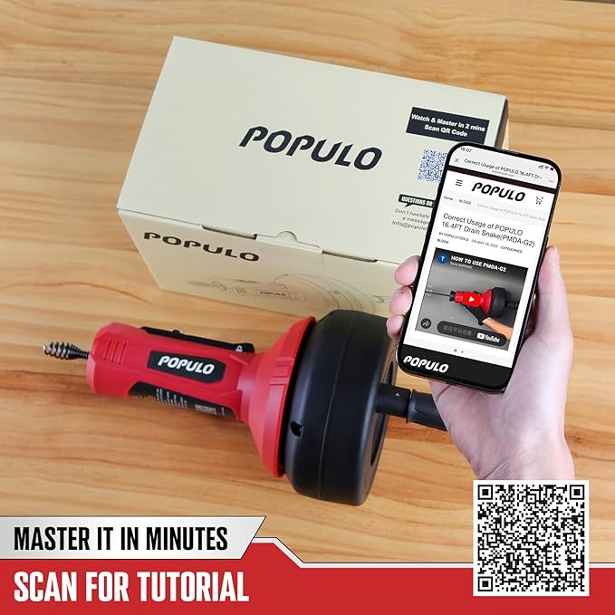 POPULO Auto-Feed 17FT Drain Snake Auger for 3/4"-2" Pipe, Plumbing Snake Drain Auger with Drill Adapter, Sink Snake Drain Hair Remover for Kitchen