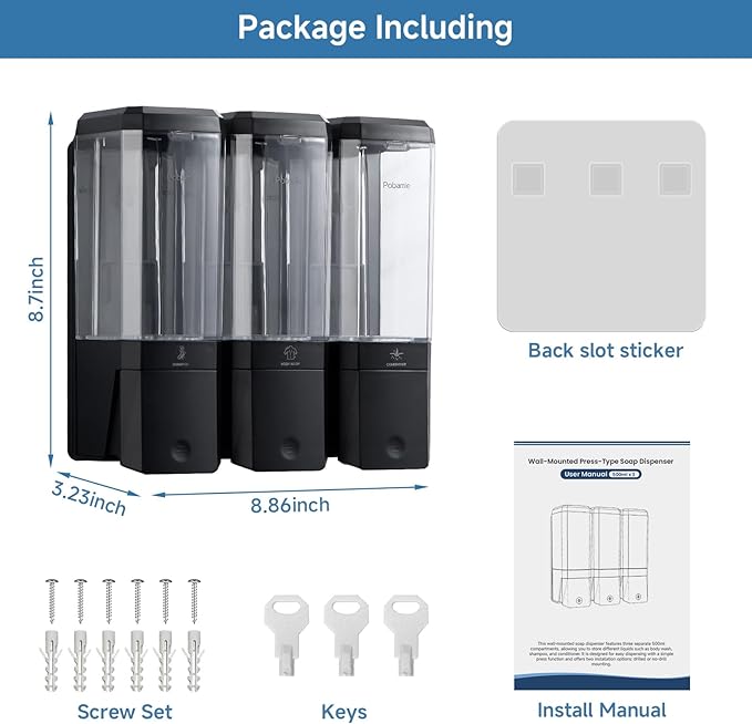 Shampoo and Conditioner Dispenser Wall Mounted, Shower Soap Dispenser No Drill Upadate Easy Slot Install, Shampoo Dispenser for Shower Bathroom Large Capacity 500ml * 3 Chamber Holder Black
