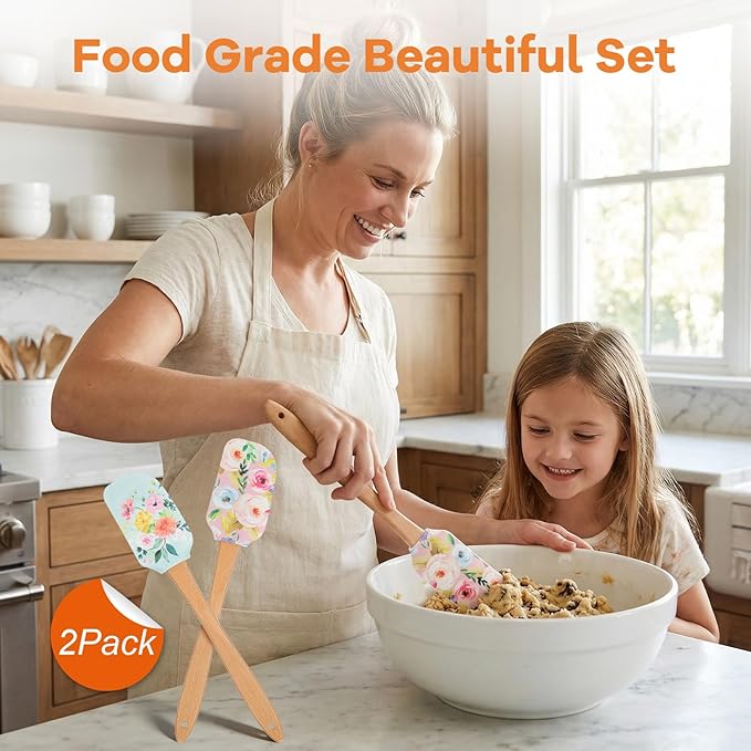 MAGICLULU 2Pcs Floral Silicone Spatula Set with Wooden Handle, Heat Resistant Rubber Scraper for Baking Cake Mixing, Non-Stick Kitchen Utensils for Cooking, Flower Pattern 11.8 Inch