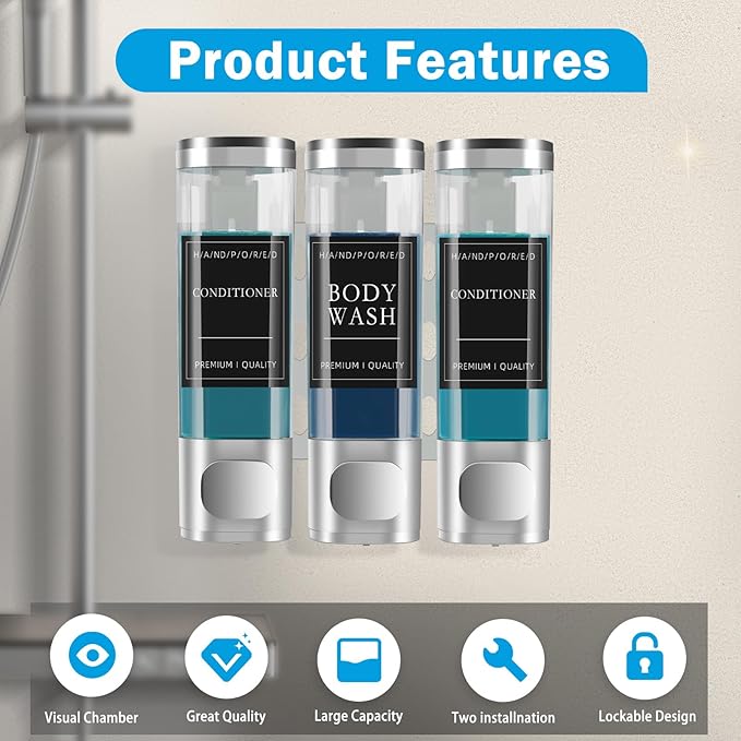 Shampoo and Conditioner Dispenser, Shower Soap Dispenser Wall Mounted, Shower Dispenser 3 Chamber No Drill for Bathroom Large Capacity (Silver)