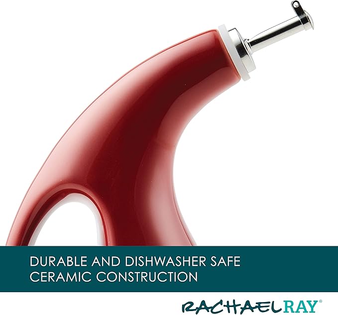 Rachael Ray Ceramic EVOO Oil and Vinegar Dispensing Bottle with Spout, 24 Ounce - Cranberry Red