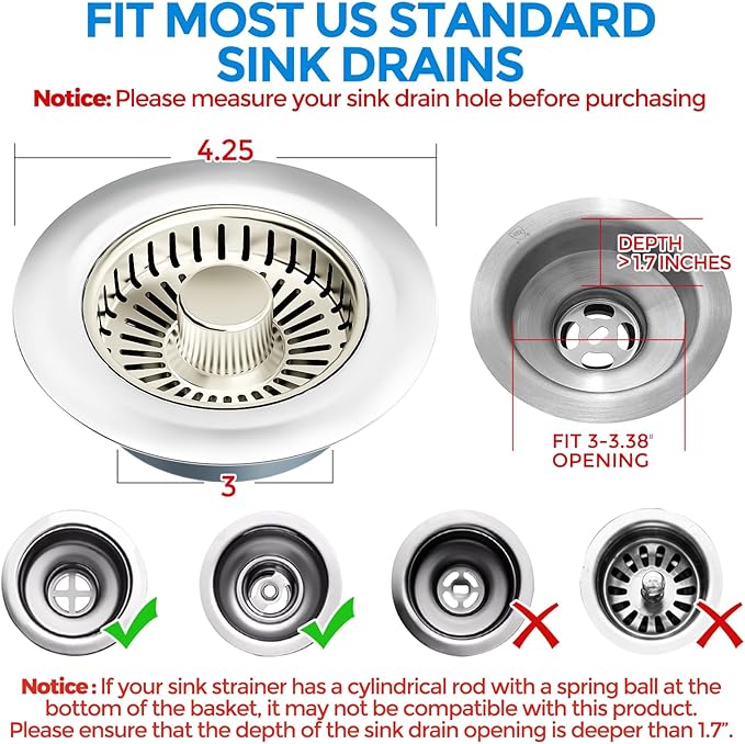 zaa Kitchen Sink Drain Strainer - Kitchen Sink Stopper, 304 Stainless Steel Sink Drain Stopper, Sink Protector for Kitchen with Anti-Clog Filter, Fit US Standard 3-1/2'' Sink Drain Hole, Nickel