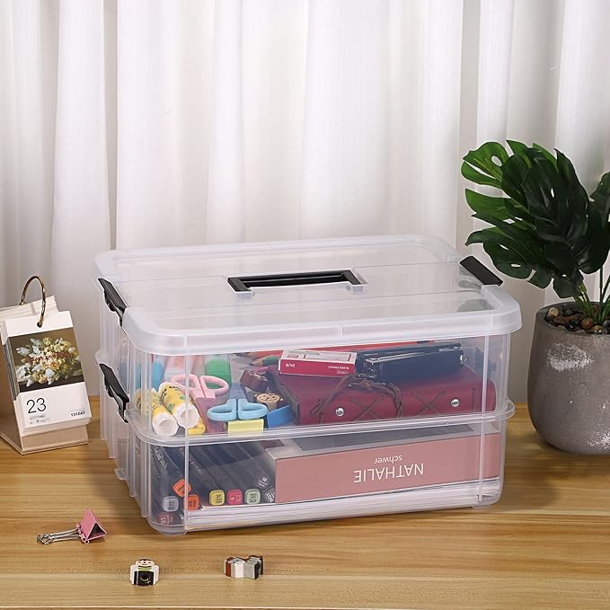 JUXYES 2-Tiers Stack Carry Storage Box With Handle, Transparent Stackable Storage Bin With Handle Lid Latching Storage Container for School & Office