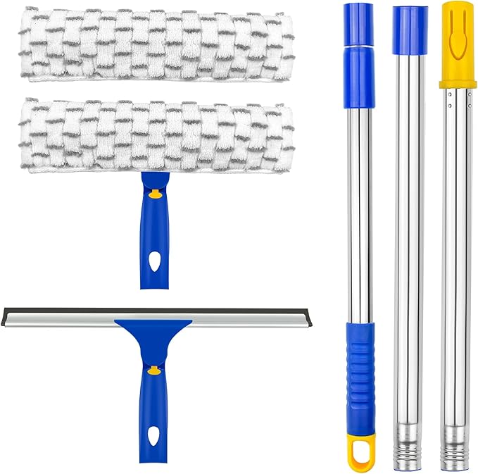 ITTAHO Window Squeegee Cleaner Tool,Window Cleaning Kit with Extension Pole,12" Squeegee and 11" Microfiber Scrubber Combi