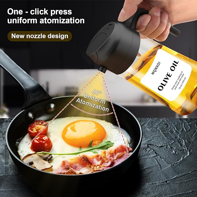 2 in 1 Glass Oil Sprayer & Dispenser,16oz/470ml Olive Cooking, Air Fryer, and Salad, for Kitchen Gadgets and Air Fryer Accessories, w/Stickers (Black)