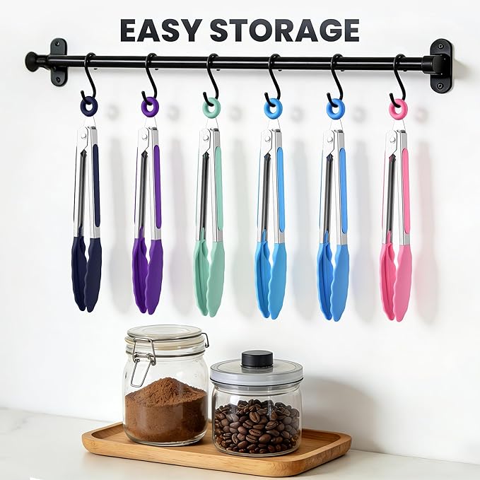 7-Inch Silicone Tongs Pack of 6, Small Stainless Steel Tongs with Silicone Tips for Cooking, Serving, BBQ, Grilling, Salad, Buffet, Party (7", Multicolor)