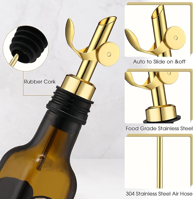 Kinlop 6 Pcs Weighted Stainless Steel Liquor Bottle Pourers Auto Flip Olive Oil Dispenser Spout Balsamic Alcohol Pourer Spouts (Gold)