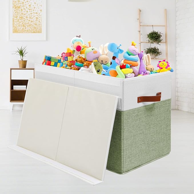 Gowee Large Toy Storage Box with Lid, Sturdy Toys Storage Chest Bin Organizer Basket with Dividers for Kids, Boys, Girls, Nursery, Closet, Bedroom, Playroom 25"x13" x16" (Green and White)