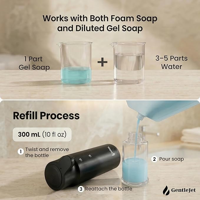 GentleJet CrystalJet Automatic Foam Soap Dispenser – Stainless Steel, Touchless Sensor, USB-C Rechargeable, Waterproof, Modern Bathroom & Kitchen Sink, 300 ml