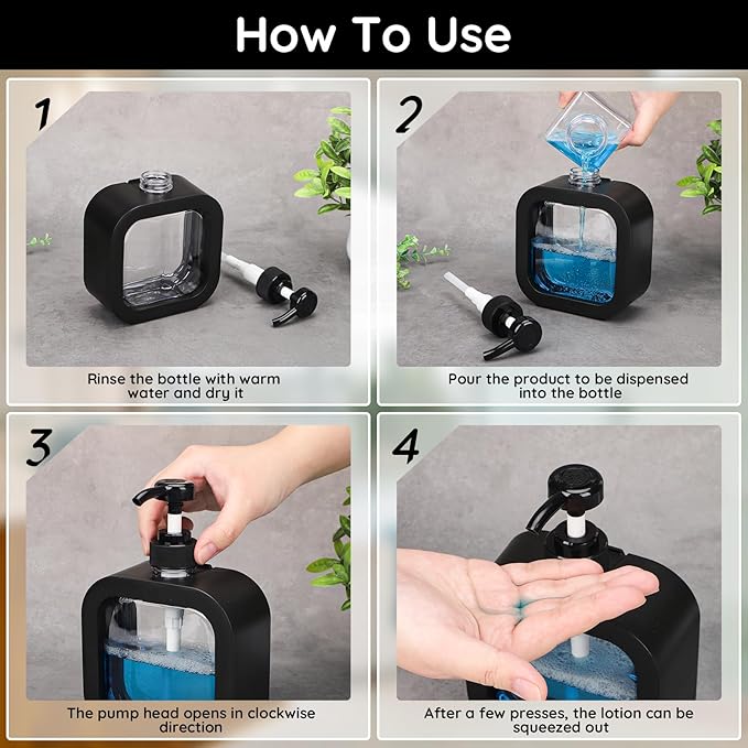 Segbeauty 2pcs 16.9oz Refillable Hand Soap Dispenser, 500ml Leak-Proof Liquid Soap Dispenser for Bathroom, Dish Soap Dispensers for Kitchen Sink, Black Empty Plastic Shampoo Pump Bottle with Labels