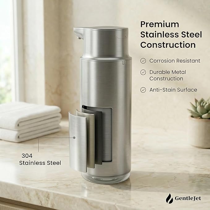 GentleJet CrystalJet Automatic Foam Soap Dispenser – Stainless Steel, Touchless Sensor, USB-C Rechargeable, Waterproof, Modern Bathroom & Kitchen Sink, 300 ml