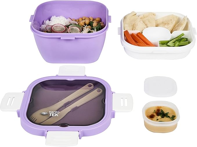 Restaurantware-Bento Tek 57.5 Ounce Bento Box, 1 Reusable Lunch Container - With Fork And Knife, Does Not Contain BPA, Purple And White Plastic Reusable Lunch Box, Microwavable, Dishwashable