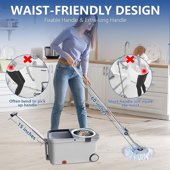 KZKR Spin Mop and Bucket with Wringer Set on Wheels, 180° Spinning Mop Bucket System with 6 Washable Microfiber Replacement Mop Pad Heads Refill, Adjustable Handle for Floor Cleaning Home