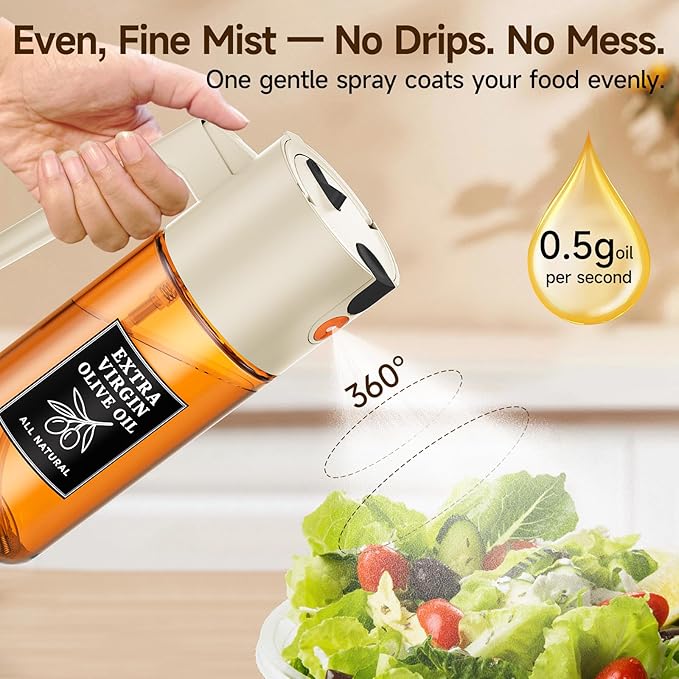 500ml Beige Glass Oil Sprayer, Fine Mist Spray Bottle for Baking, Salad, Air Fryer, Light Cooking, Refillable 2-in-1 Oil Dispenser