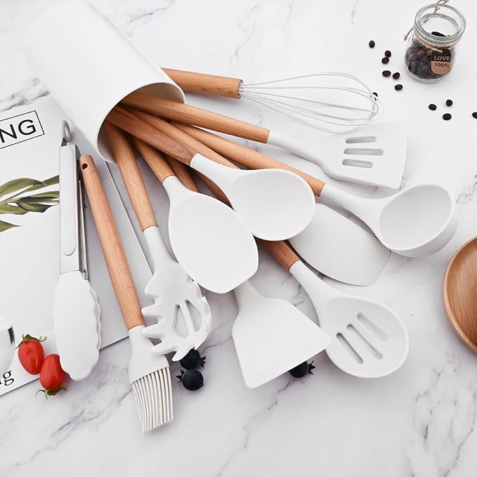 12pcs Wooden Handle Silicone Kitchen Utensils Set, Non-Stick Silicone Cooking Utensils, White Spatula Set, Turner Spoon, Brush Whisk, Gadgets Tools for Cookware Baking
