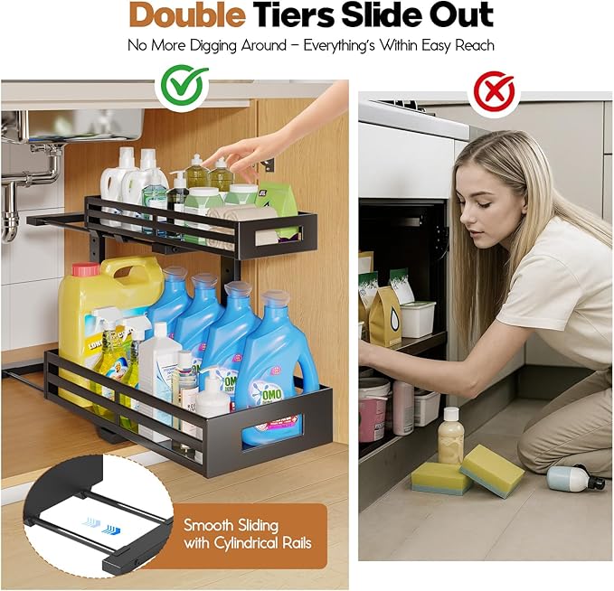 2-Pack 17"Deep Under Sink Organizer And Storage, 2-Tier L-Shaped Pull Out Cabinet Organizer with Upgraded Slide Rails, Height Adjustable Drawers for Kitchen&Bathroom, Extra-Large Storage Shelves–Black