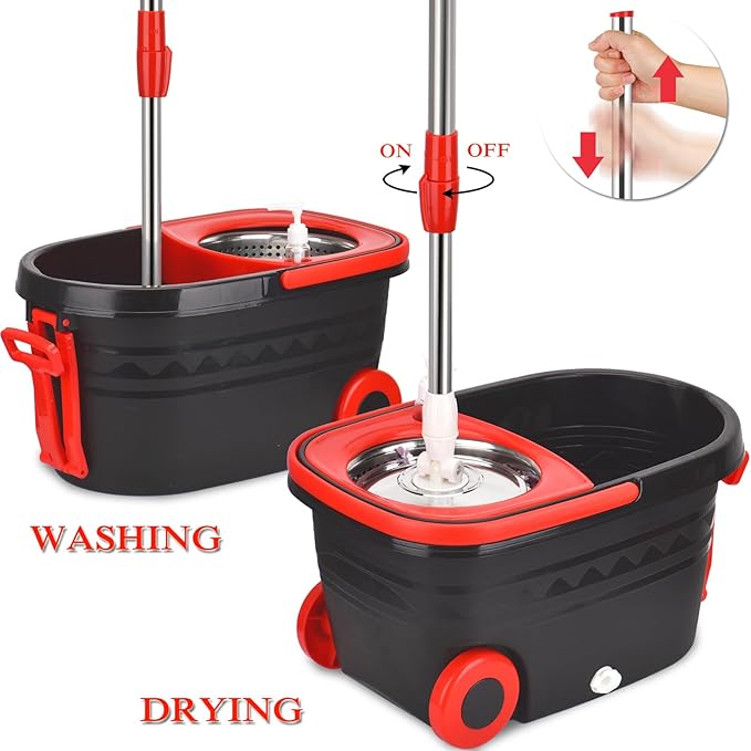 Spin Mop Bucket, Spin Mop Bucket System with 2 Mop Heads, Stainless Steel Mop Cleaning Bucket for Floor Cleaning