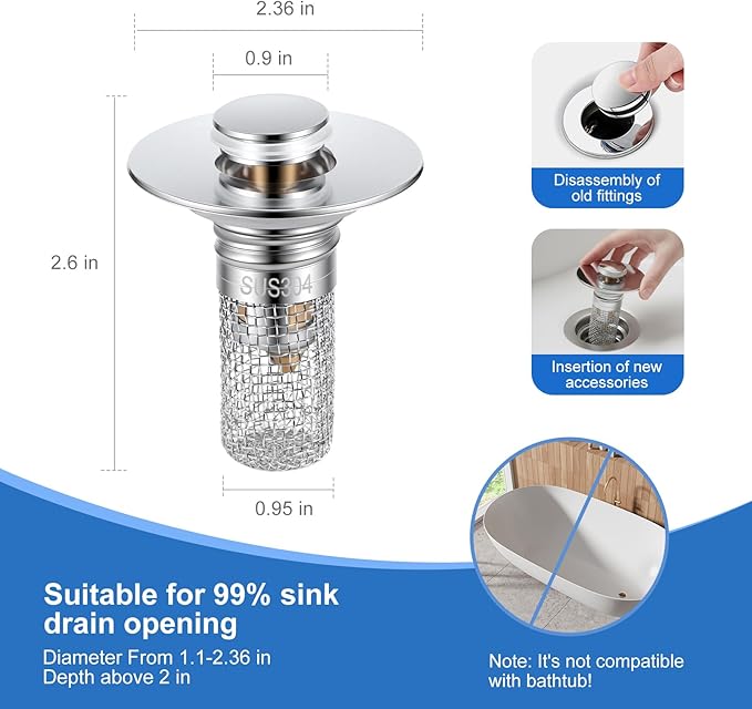 Bathroom Sink Stopper Hair Catcher, Pop-up Sink Drain Strainer with Removable 304 Stainless Steel Strainer Basket Hair Catcher