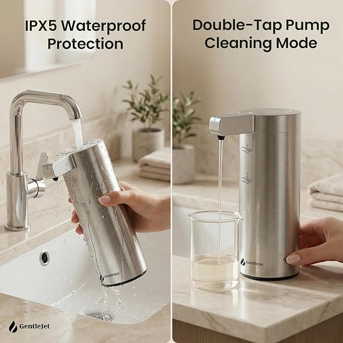 GentleJet SmoothDrop Automatic Liquid Soap Dispenser – Touchless, No-Drip Precision Pump, USB-C Rechargeable, 304 Stainless Steel, Waterproof Countertop Dispenser for Kitchen & Bathroom Sink, 270 ml