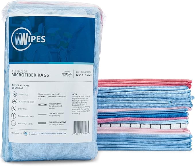 Mwipes­™ Bag of Microfiber Rags for Shop, Heavy-Duty, Commercial Cleaning - Approximately 40 Rags per Pack (4 lbs.) (6 Bags)