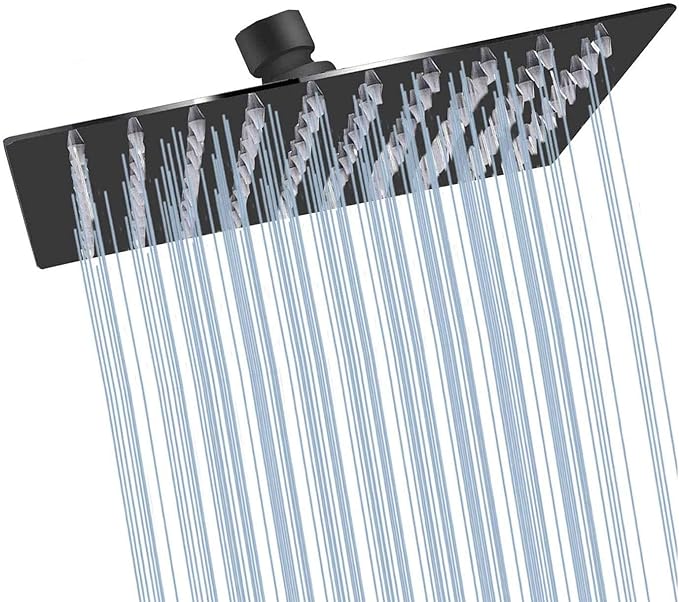 Black Shower Head GGStudy 6 inch Square Rain Shower Heads Stainless Steel High Pressure Ultra Thin Rainfall Bath Shower Self-cleaning Silicone Nozzle