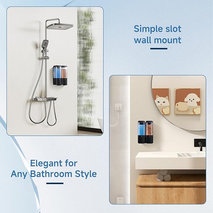 Shampoo and Conditioner Dispenser Wall Mounted, Shower Soap Dispenser No Drill Upadate Easy Slot Install, Shampoo Dispenser for Shower Bathroom Large Capacity 500ml * 2 Chamber Holder Black
