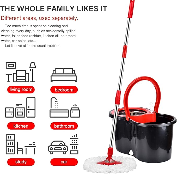 Mop and Bucket with Wringer Set, 360 Floor Cleaning Stainless Steel Mop Bucket, 3 Microfiber Mop Refills, 61" Extended Handle, Black/Red (Set of 2)