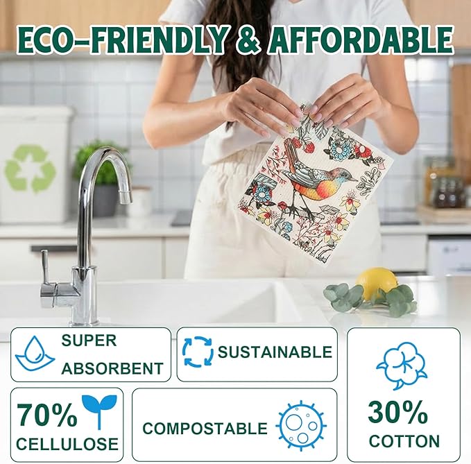 Lsnisni 6 Pack Swedish Dishcloths for Kitchen, Swedish Dish Cloths, Reusable Paper Towels, Washable Kitchen Cloth, 100% Biodegradable, Super Absorbent, Quick Drying