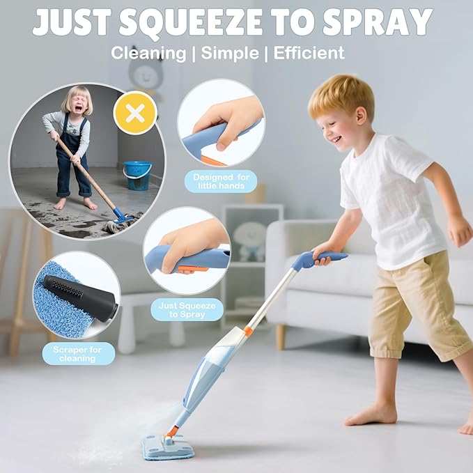Dreamon Kids Spray Mop - Real Working Toddler Cleaning Set with Water Sprayer & 3 Washable Mop Pads & Scraper, Pretend Play Montessori Housekeeping Toys Gifts for Toddlers Kids Girls Boys(Blue)