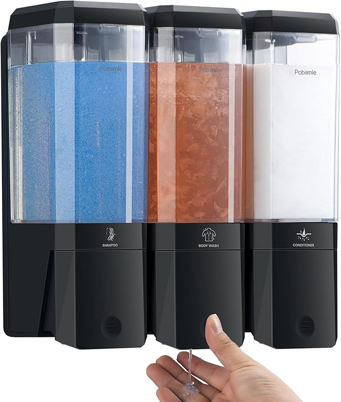 Shampoo and Conditioner Dispenser Wall Mounted, Shower Soap Dispenser No Drill Upadate Easy Slot Install, Shampoo Dispenser for Shower Bathroom Large Capacity 500ml * 3 Chamber Holder Black