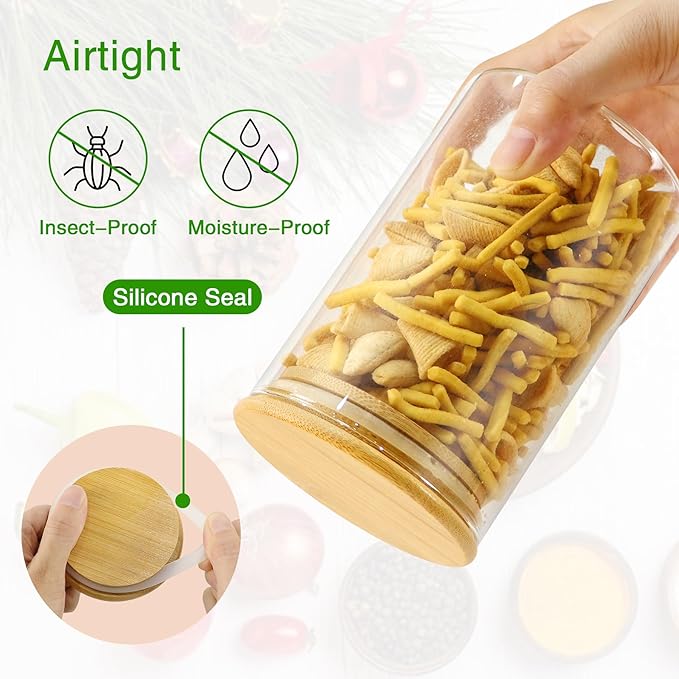 BGraceyy Glass Jars with Bamboo Lids 20 oz, 12 Pcs Stackable Kitchen Glass Pantry Storage Containers with Airtight Bamboo Lids for Rice, Candy, Sugar
