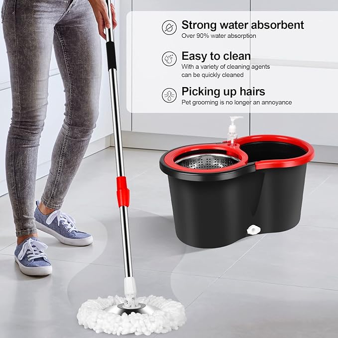 Mop and Bucket with Wringer Set, 360 Floor Cleaning Stainless Steel Mop Bucket, 3 Microfiber Mop Refills, 61" Extended Handle, Black/Red (Set of 2)