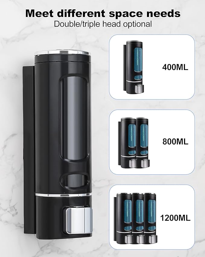 Shampoo and Conditioner Dispenser - 400ML Wall-Mounted Shower Shampoo Dispenser No Drill for Body Wash, Soap, Shower, Bathroom, Hotel (Black)