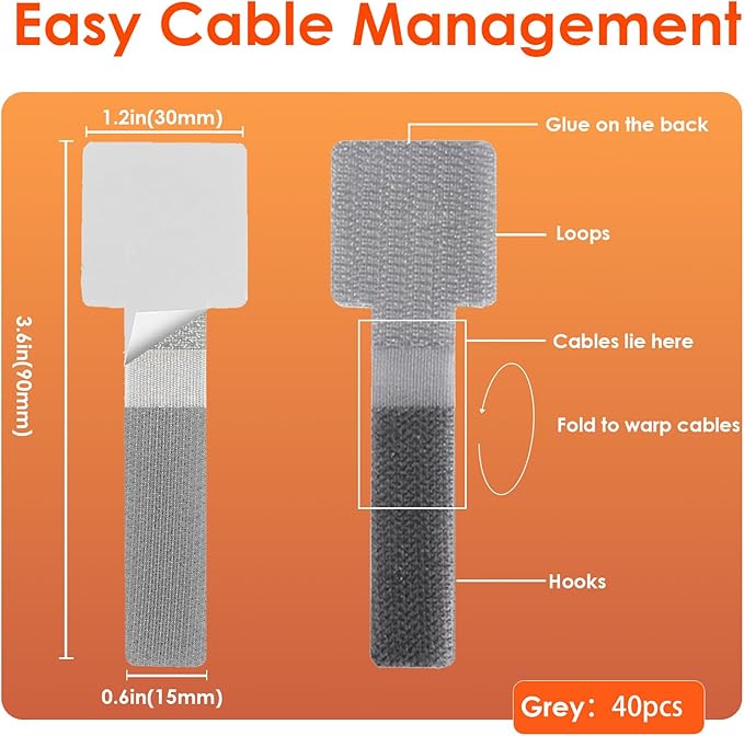 Cable Management Under Desk Cord Organizer, Cable Organizers for Cords, Hook and Loop Cable Ties, Adhesive Wire Straps, Reusable Cord Holder for Electronics & PC, Home & Office Essentials (40)