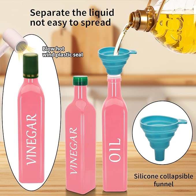 Olive Oil Dispenser Bottle,2 Pcs 17oz 500ml Glass O il and Vinegar Dispenser Set with 2 Stainless Steel Pourers, 8 Labels,Funnel Vinegar Bottles for Kitchen (Pink)
