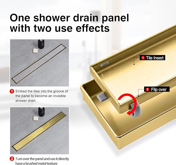 SaniteModar Linear Shower Drain, Gold Shower Drain 28 inch with 2 in 1 Tile Insert Panel, Hair Strainer and Leveling Feet