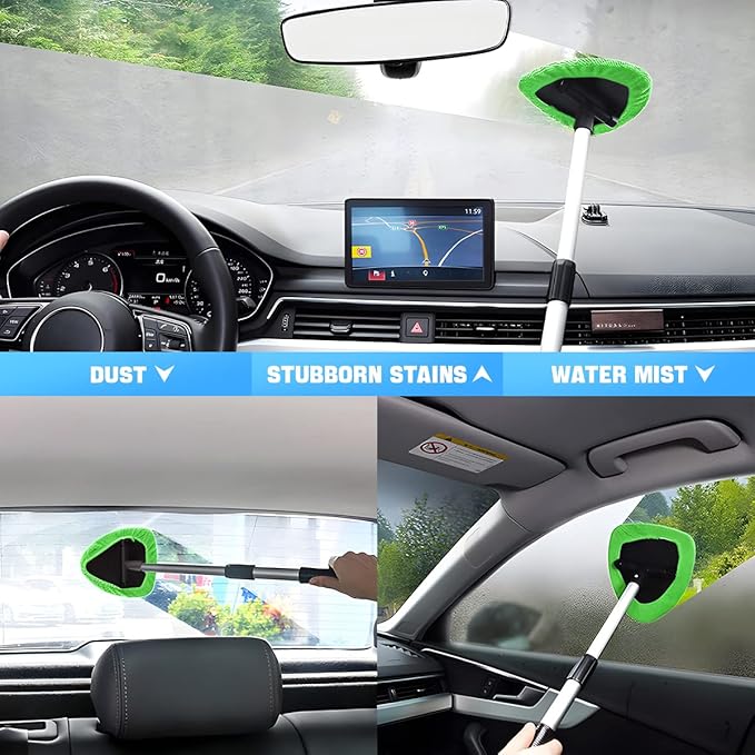 Windshield Cleaning Tool, Car Window Cleaner with Extendable Long Handle and 4 Washable Reusable Microfiber Pads