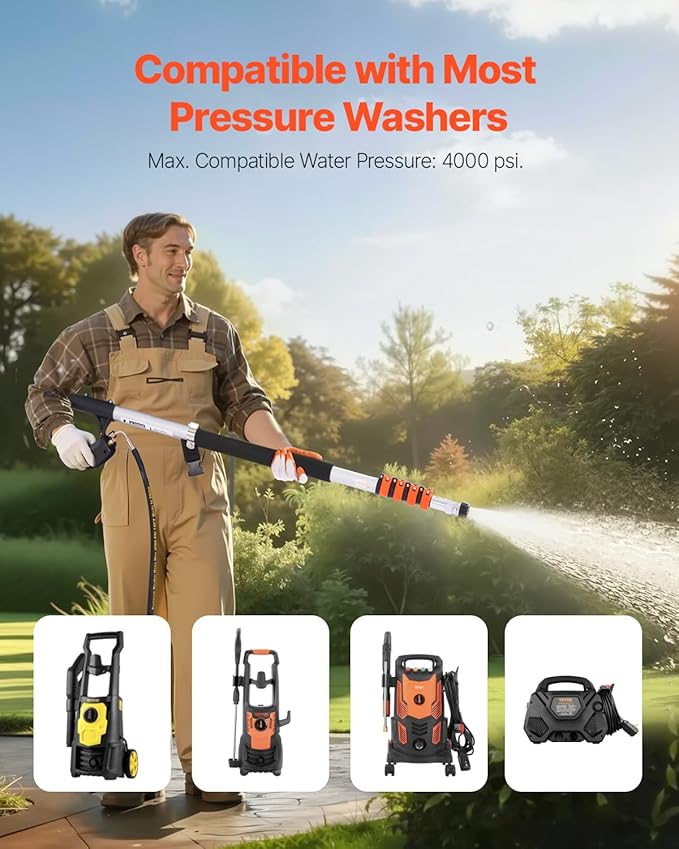 VEVOR Pressure Washer Telescoping Wand, 24 ft, 4000 psi, Telescopic Spray Wand with Power Washer Extension Wands, Gutter Cleaner, Brush Head